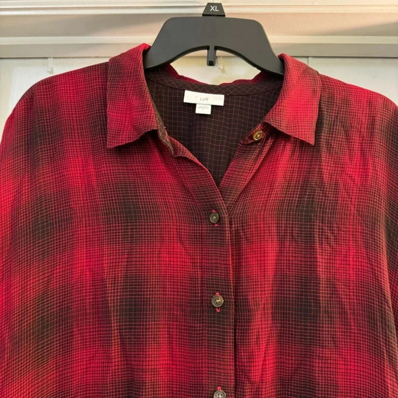 J Jill Plaid Button Front Tunic Top Red Long Sleeve Spread Collar - Picture 2 of 6